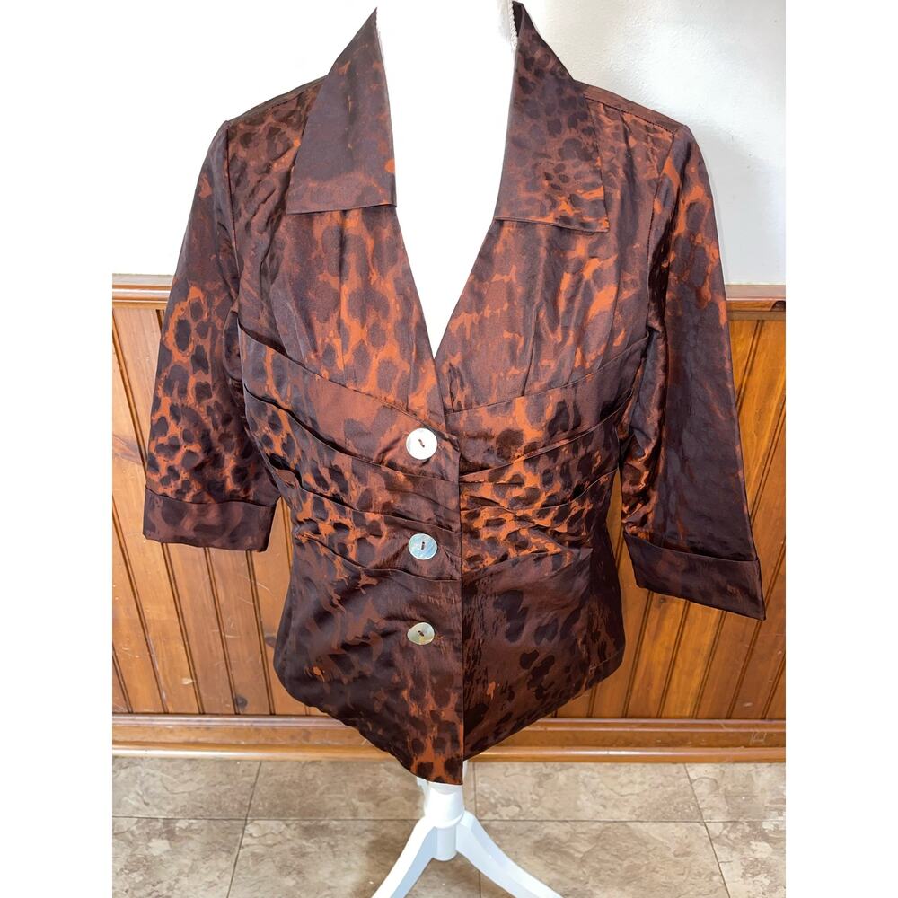 Womens Farinaz Taghavi Bronze Orange Animal Print 3/4 Sleeve Button Blazer‎ 12